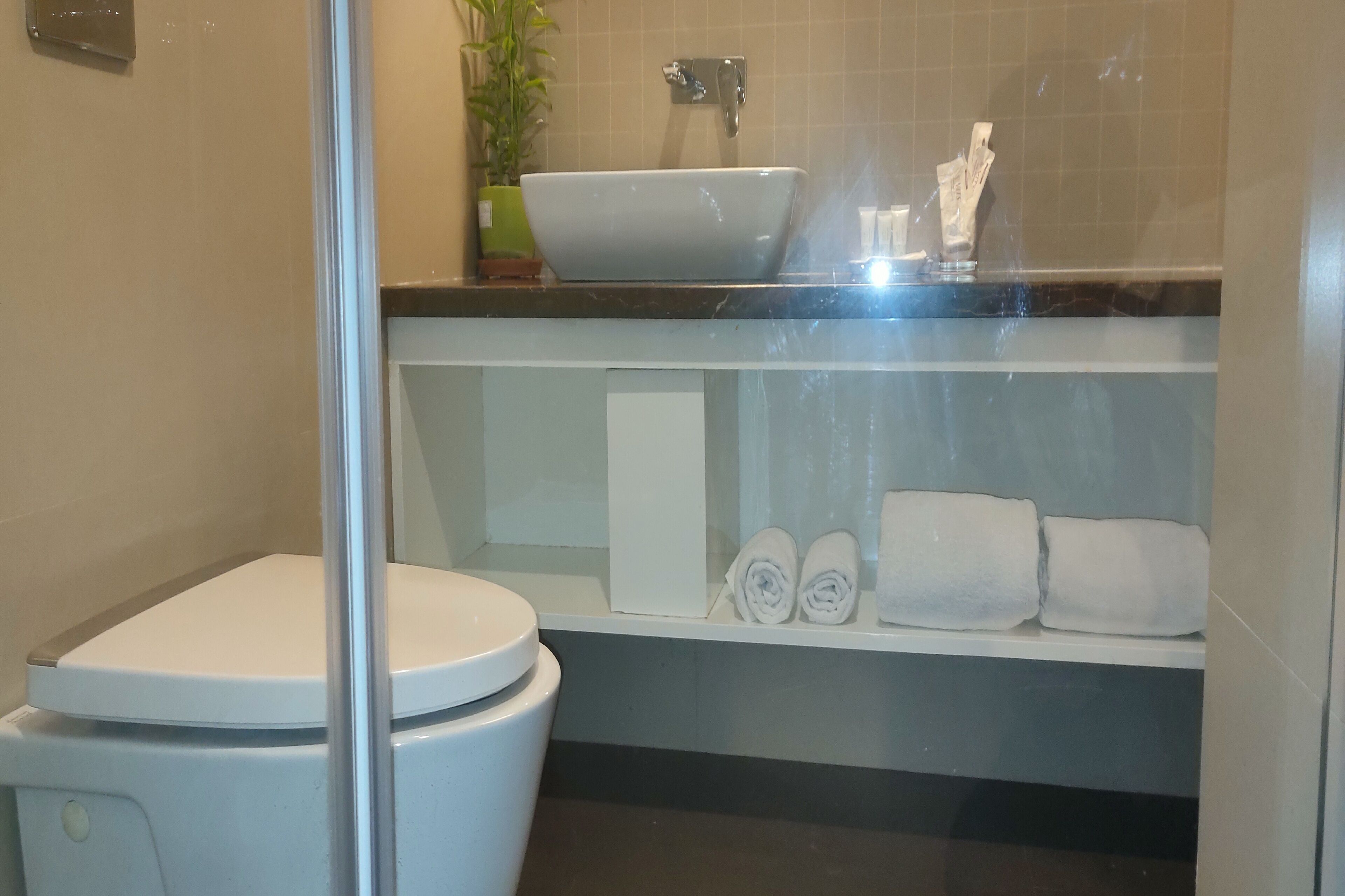 Een badkamer met een wit toilet, een witte wastafel en een plank met handdoeken.