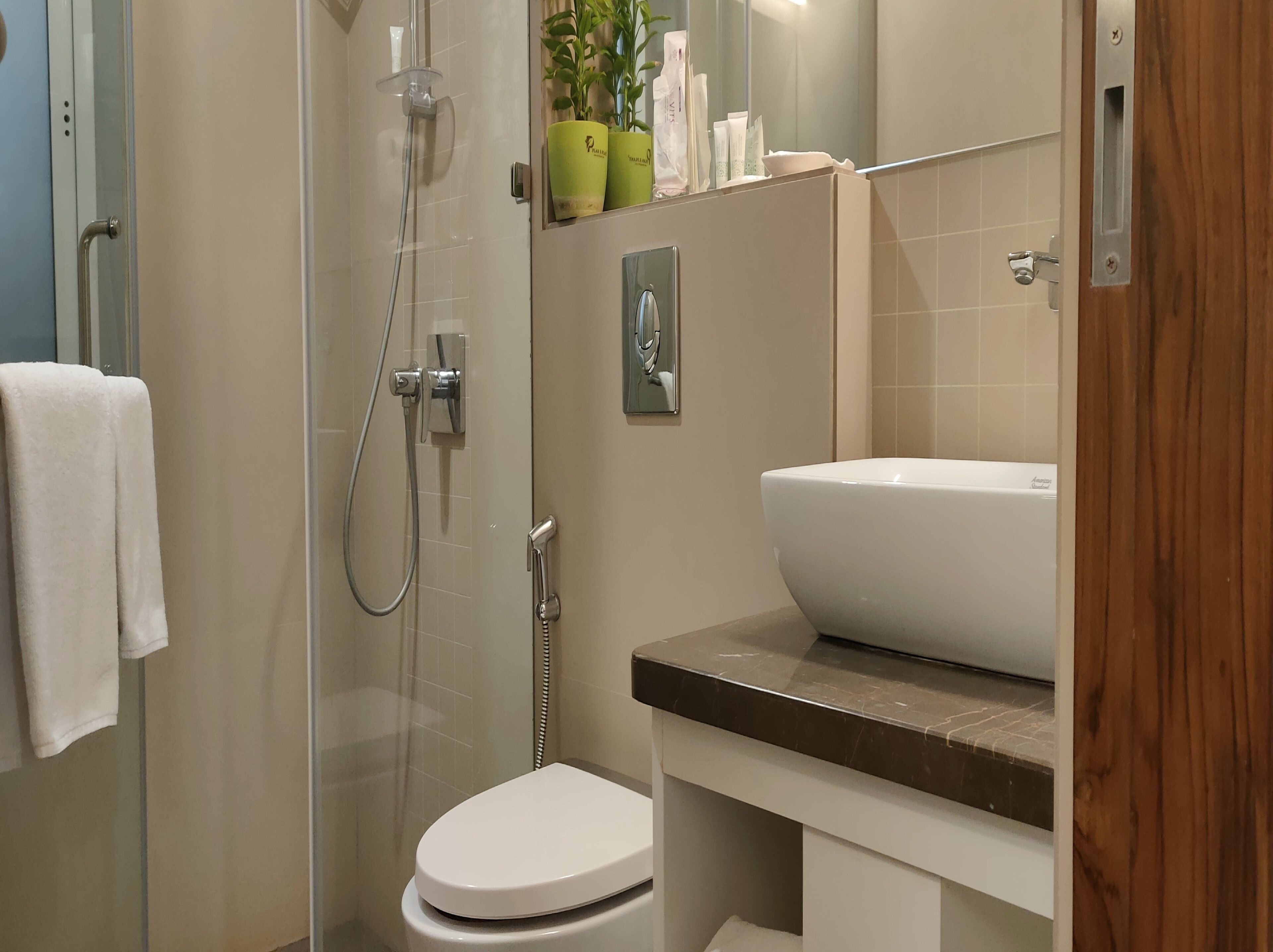 A modern bathroom with a glass shower enclosure, a white toilet, and a large white sink.