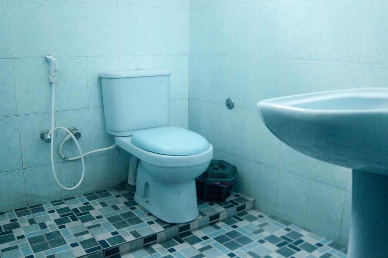 Un baño con inodoro, lavamanos y ducha.