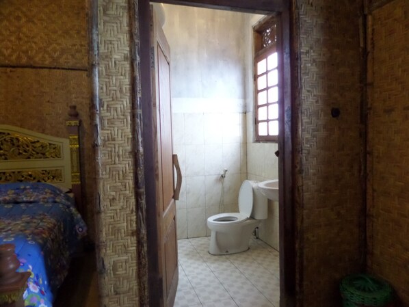 Una habitación pequeña y estrecha con una cama a la izquierda y un inodoro en el centro.