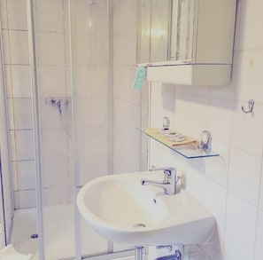 Shower, free toiletries, hair dryer