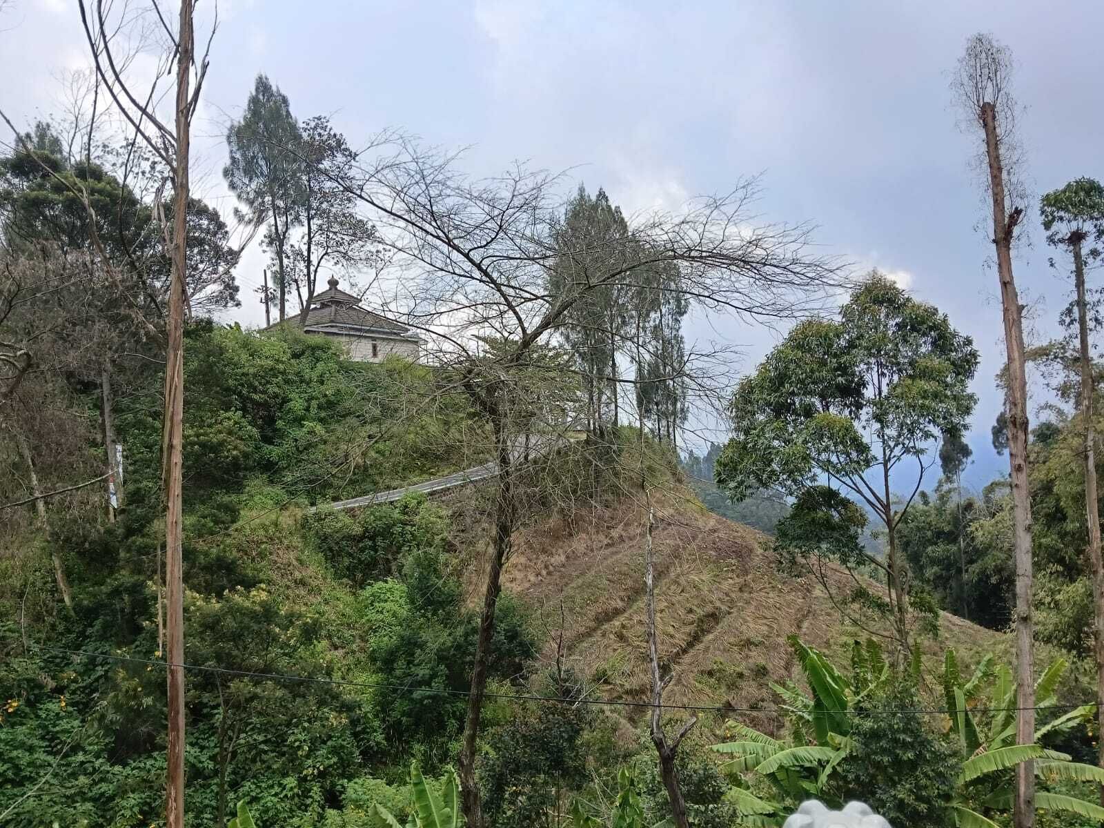 A building surrounded by dense forest and hills.