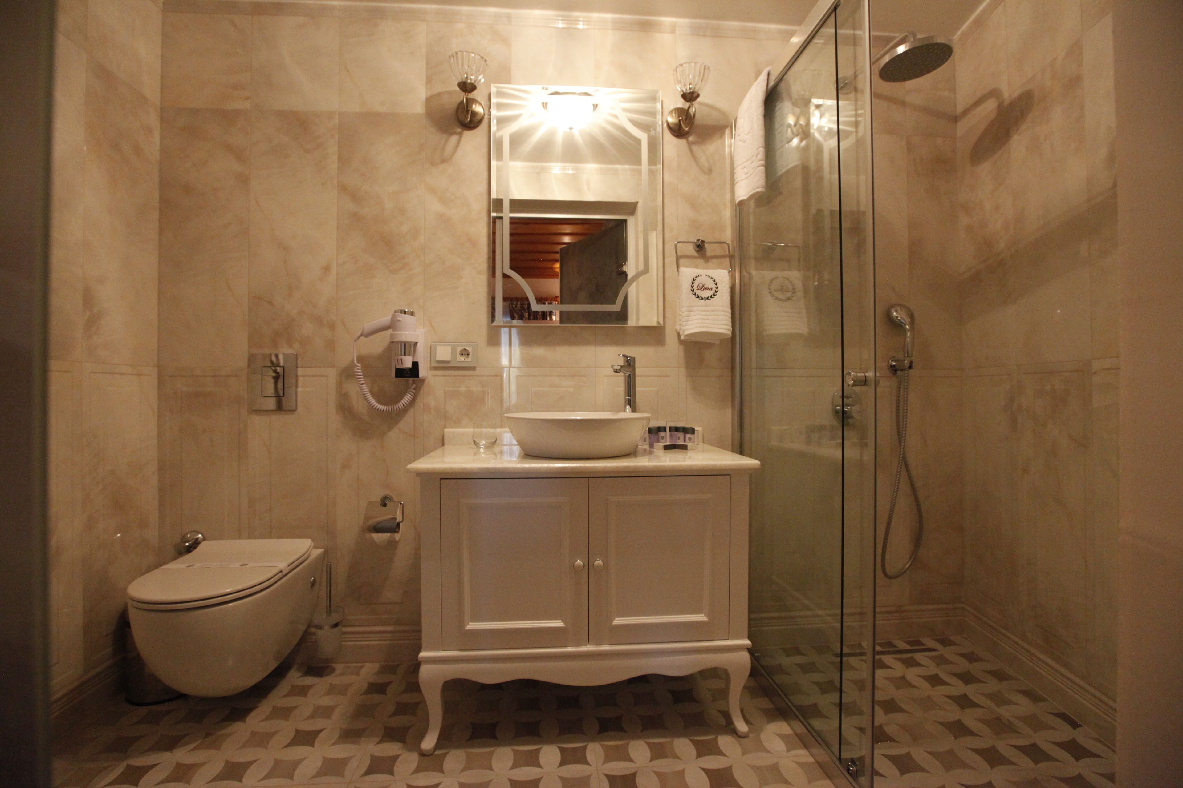 A bathroom with a toilet, a sink with a mirror above it, and a shower area.