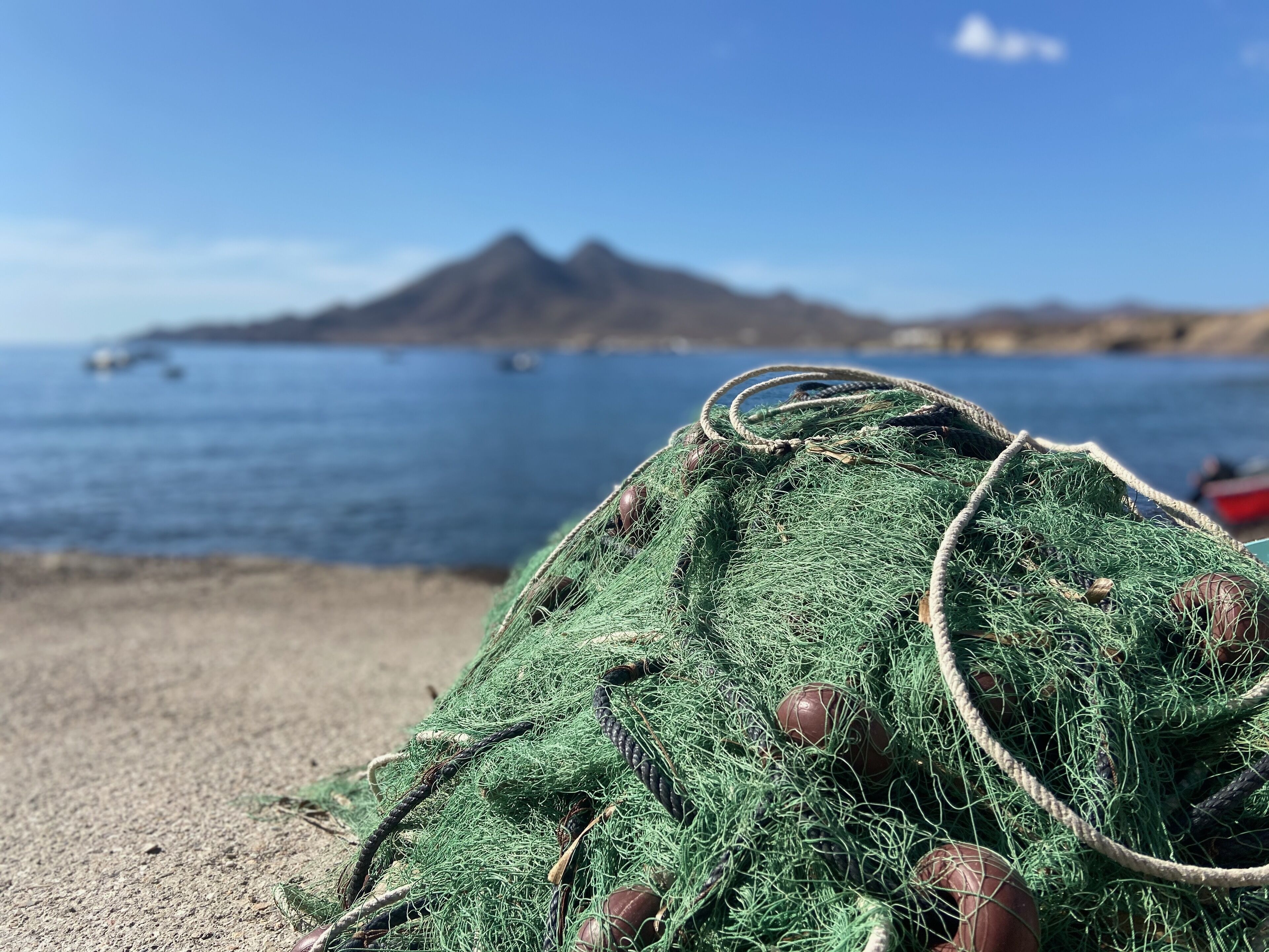 Una red de pesca en una playa con una montaña al fondo.