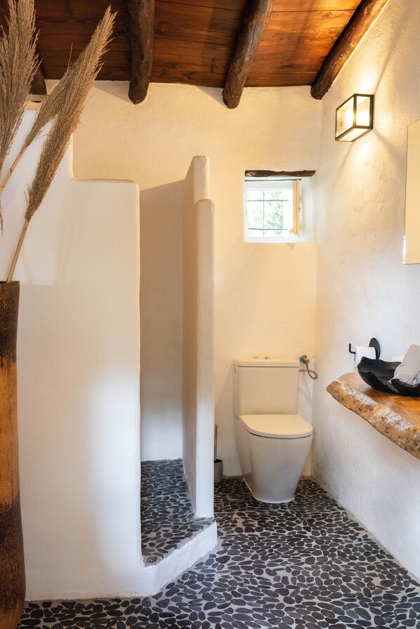 Un baño con inodoro blanco, un ventanal pequeño, lavamanos con jabonera y un jarrón decorativo con plantas secas.