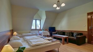 Un dormitorio con una cama grande, un escritorio, un televisor y un sofá.