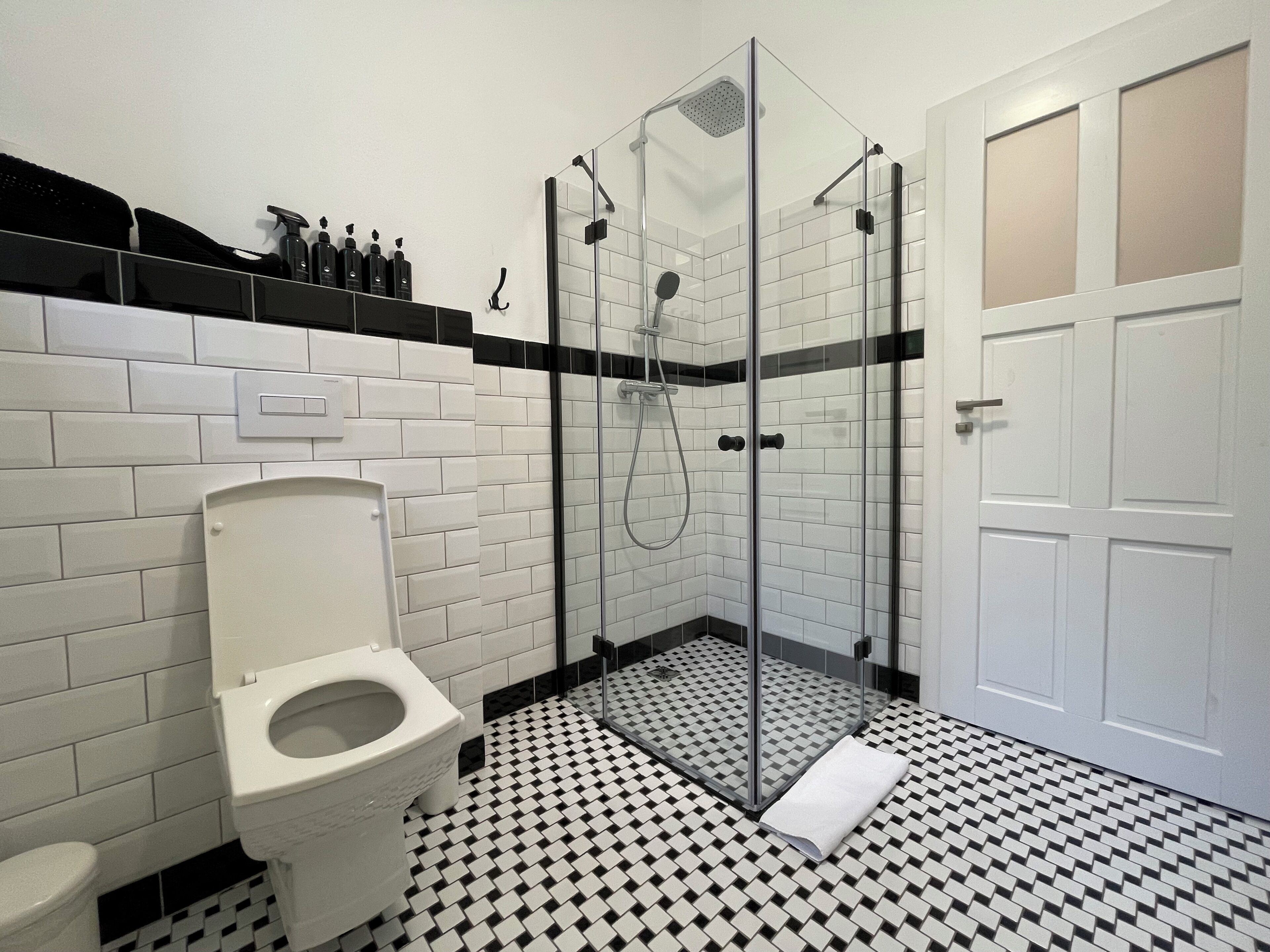 Un baño con inodoro, ducha envuelta en vidrio y puerta blanca.