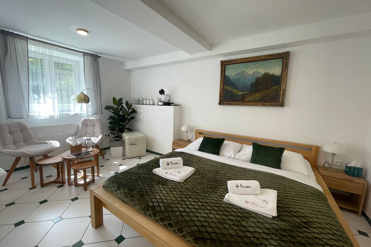 Une chambre d’hôtel avec un lit, un bureau, une chaise, un radiateur, une fenêtre avec des rideaux, un tableau au mur et une plante.