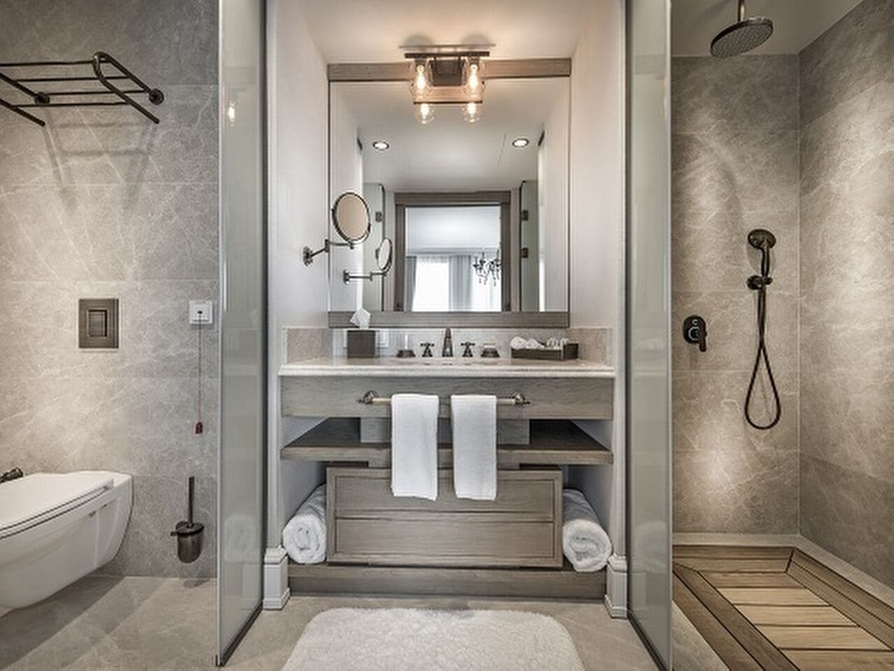 shower, hydromassage showerhead, designer toiletries, hair dryer