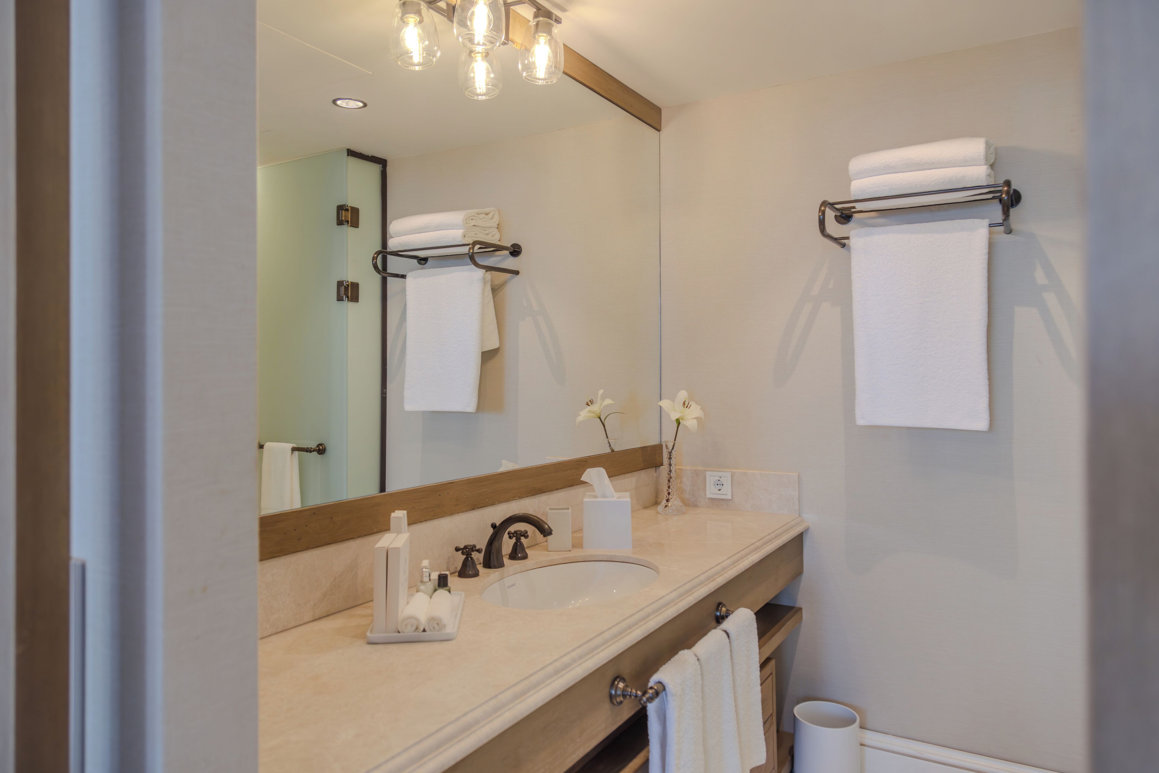 A modern bathroom with a large mirror, a sink, and two towel racks.