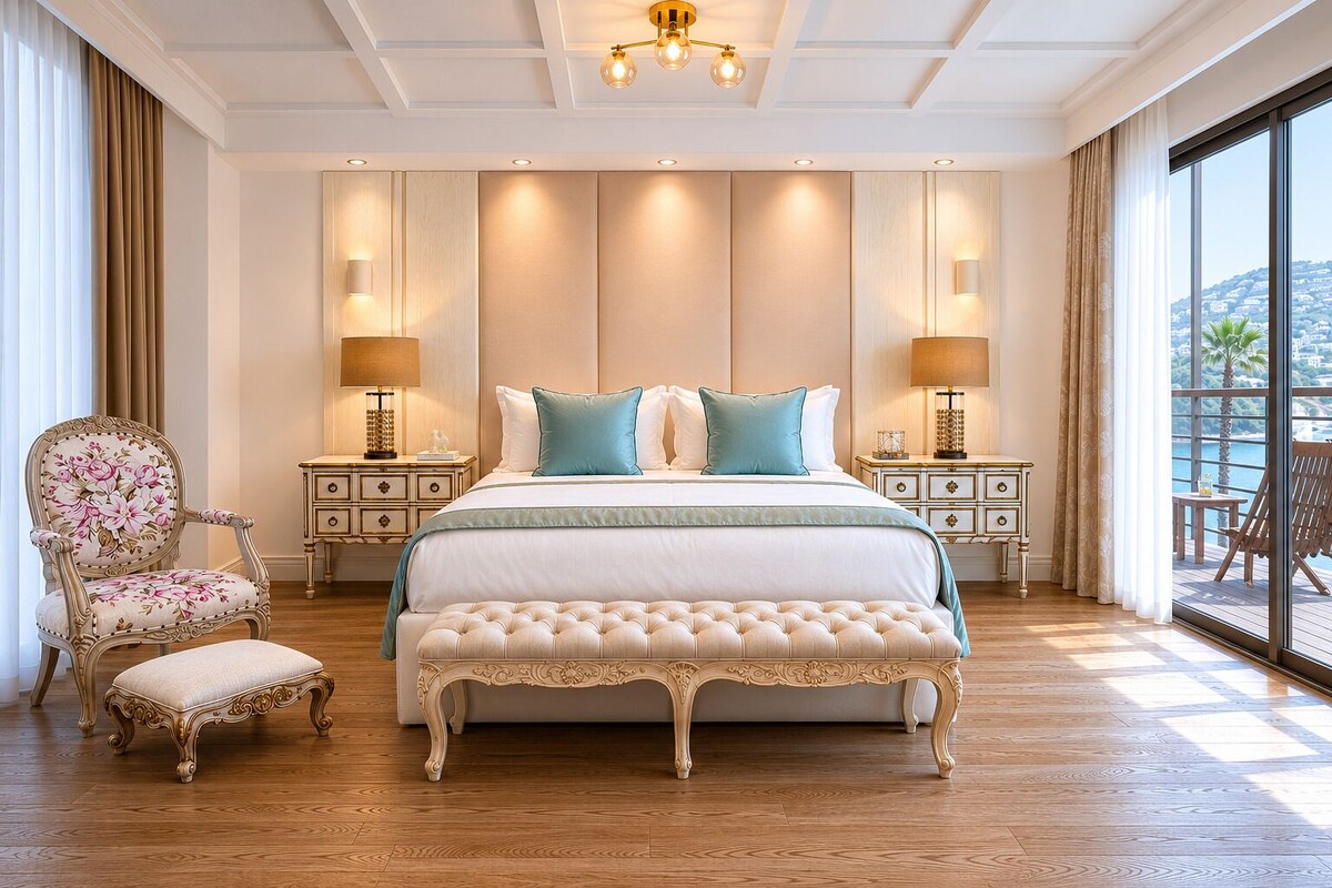 A bedroom with a large bed, two bedside tables, a chair, and a bench.