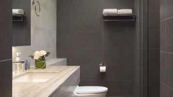 Shower, eco-friendly toiletries, hair dryer, bathrobes