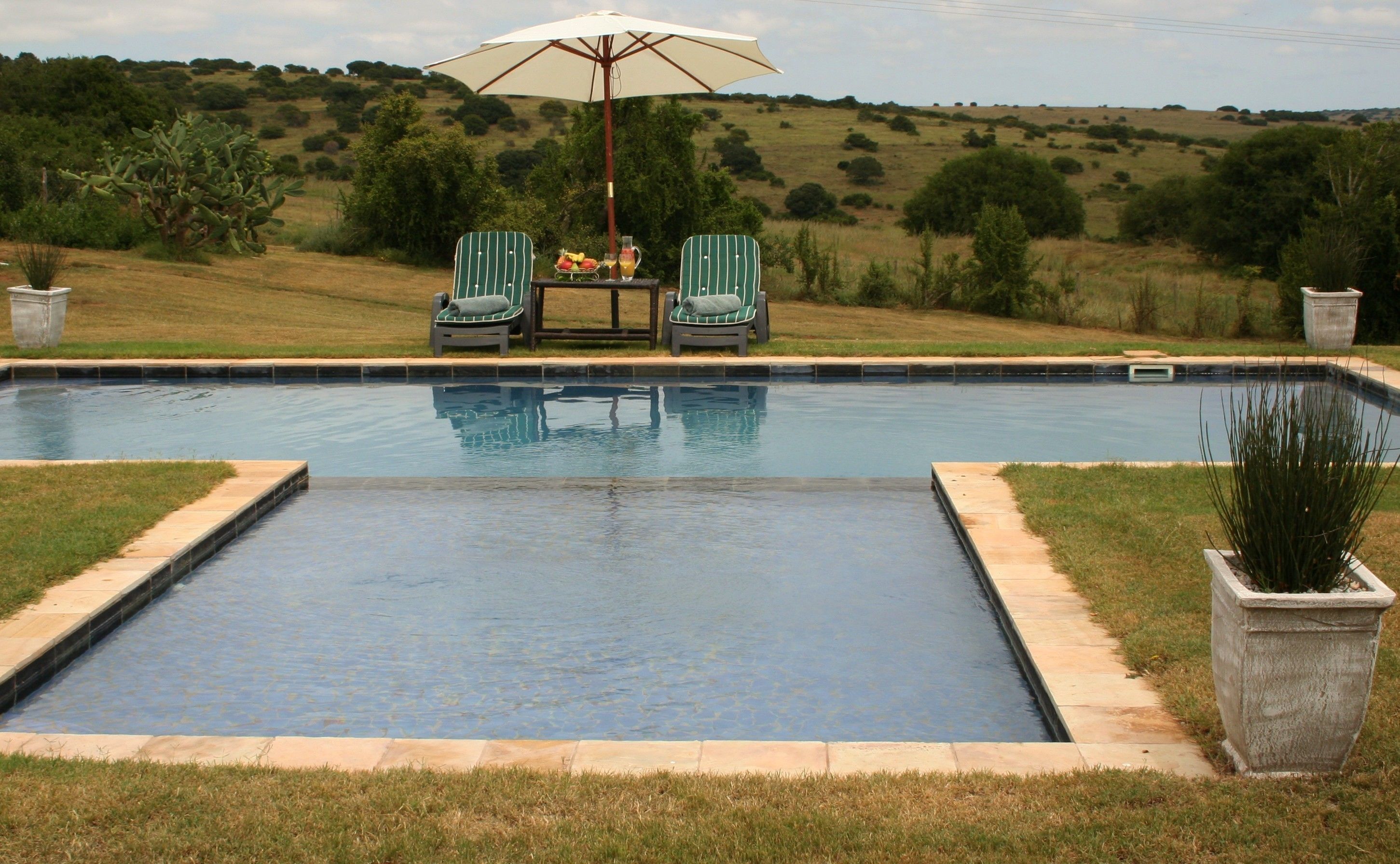 A rectangular swimming pool with two green-striped lounge chairs and a table with drinks, surrounded by grass and plants, with hills in the background.