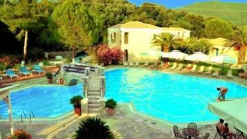 Seasonal outdoor pool, pool umbrellas, pool loungers