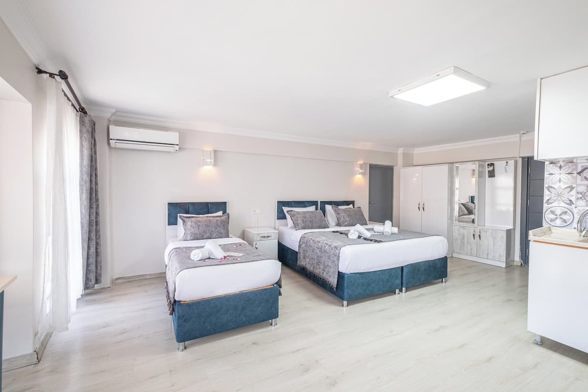 A modern hotel room with two beds, a wardrobe, a bathroom, and a kitchenette.