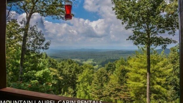 A cabin with a view of a forest and mountains.