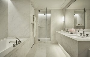 Designer toiletries, hair dryer, bathrobes, slippers