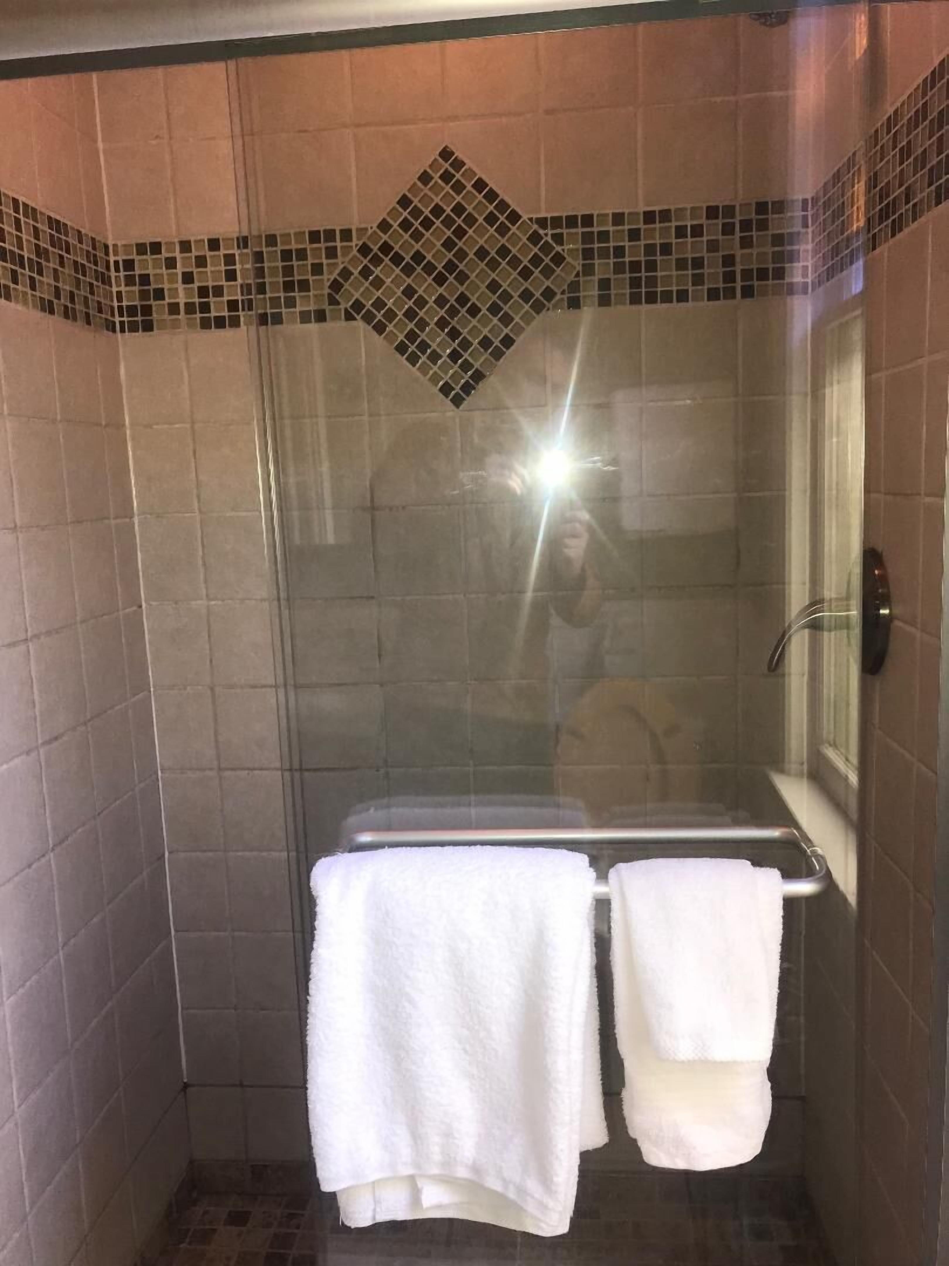 Une cabine de douche fermée par des parois en verre, avec un mur carrelé, une fenêtre et deux serviettes blanches suspendues à un porte-serviettes.