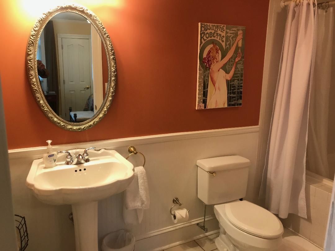 Une salle de bain avec un lavabo blanc, des toilettes et un grand miroir. Il y a un tableau au mur et un rideau de douche.
