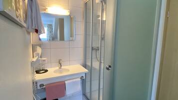 A modern bathroom with a glass shower enclosure, a white sink, and a mirror above it.