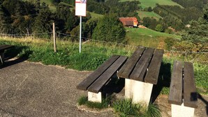 Un mirador panorámico con mesas de picnic y un cartel que prohíbe estacionar.