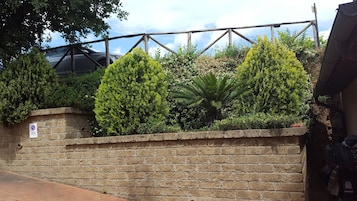 A brick wall with a no parking sign, a metal fence, and various green shrubs and trees.