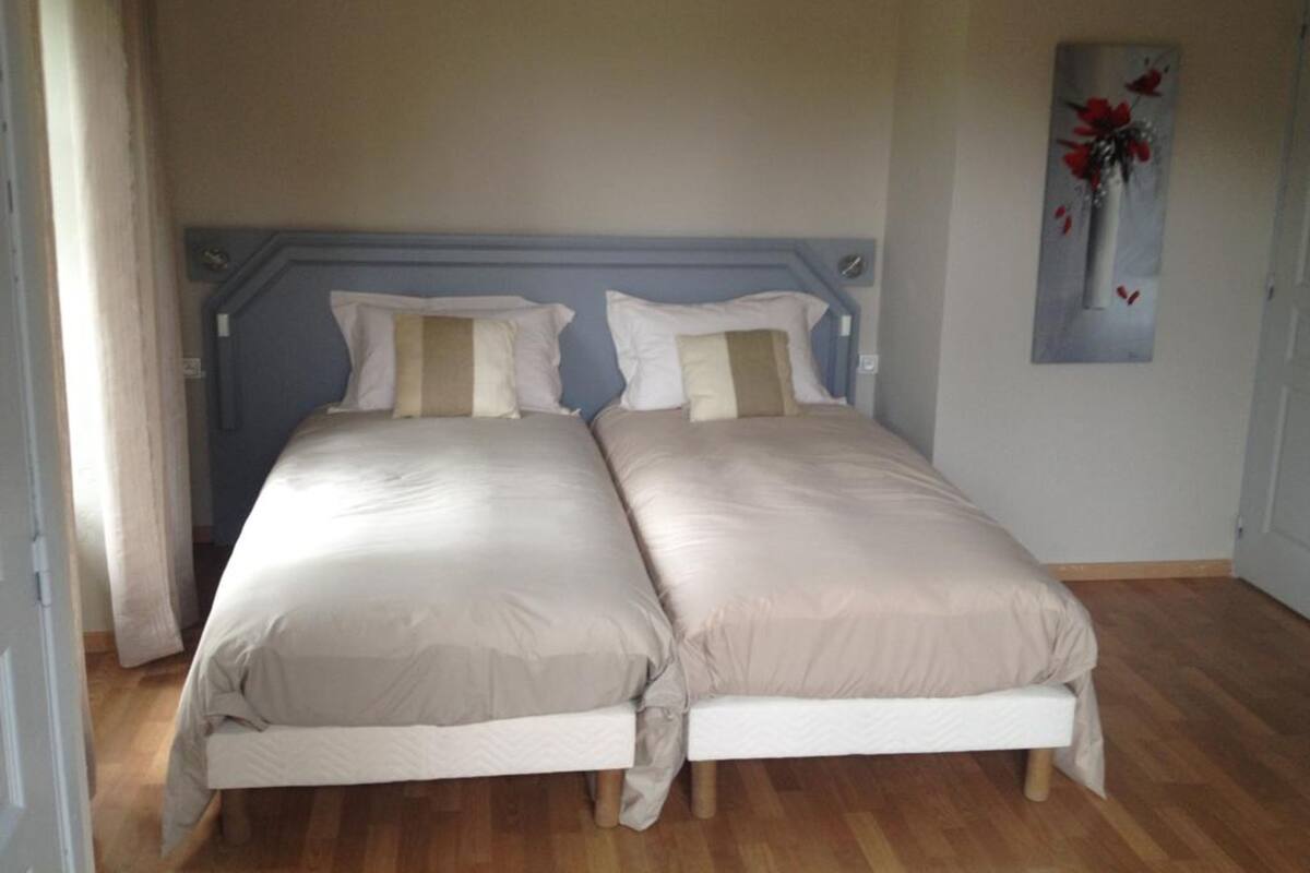 Una cama doble con cabecera, dos almohadas y suelo de madera.