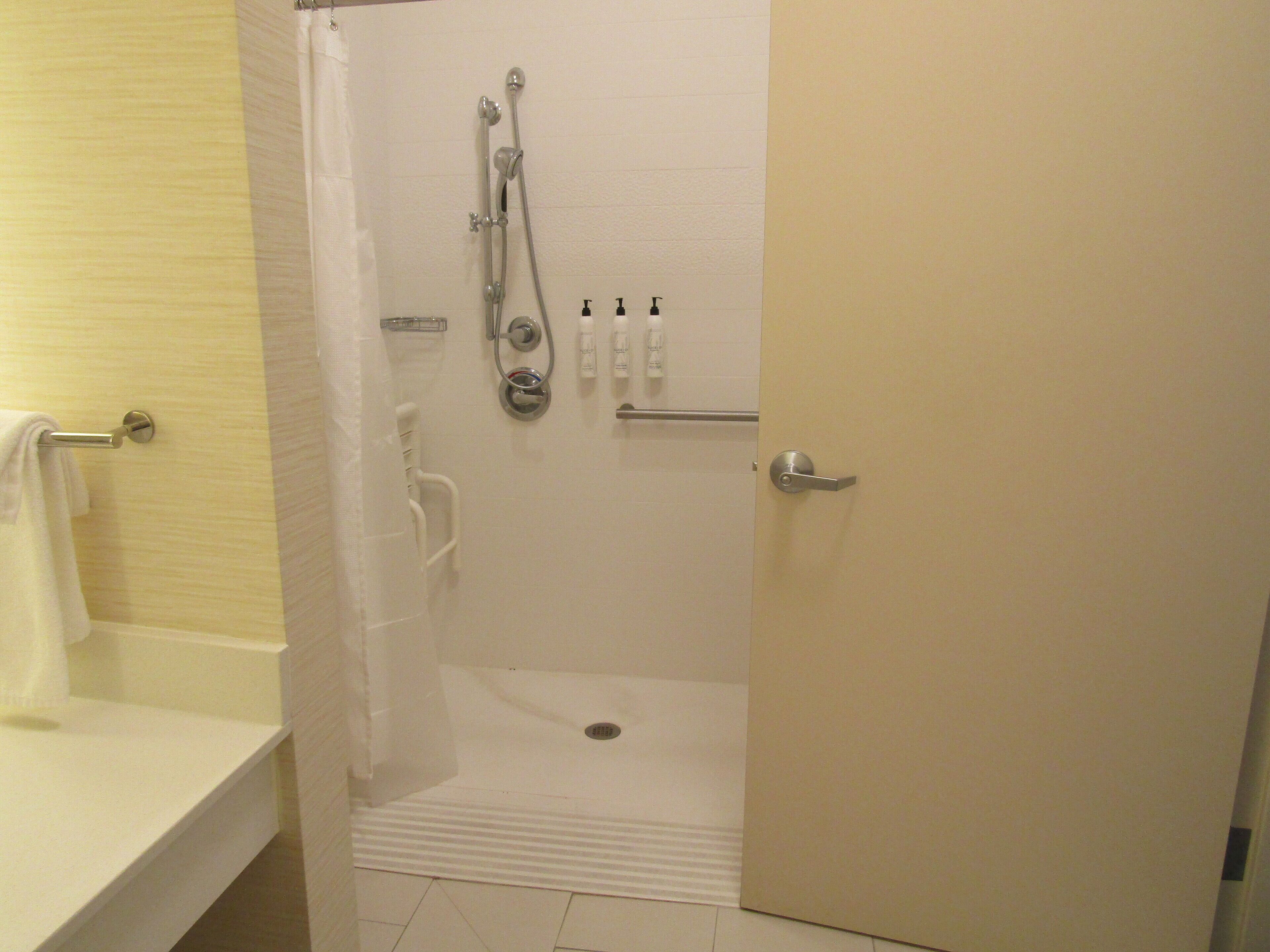 room, 1 king bed, non smoking (mobility/hearing access, roll-in shwr) | bathroom | shower, free toiletries, hair dryer, towels