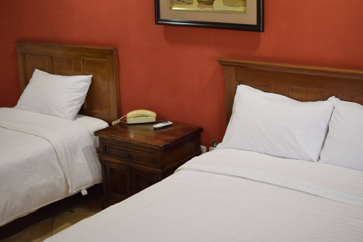 Une chambre d’hôtel avec deux lits simples, des têtes de lit en bois, une table de chevet avec un téléphone et une télécommande, et un tableau encadré au mur.