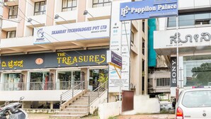A building with multiple businesses including 'The Treasures' and 'Skandray Technologies Pvt Ltd'. - Treebo Pappilon Palace - PVS Circle (Mangaluru)
