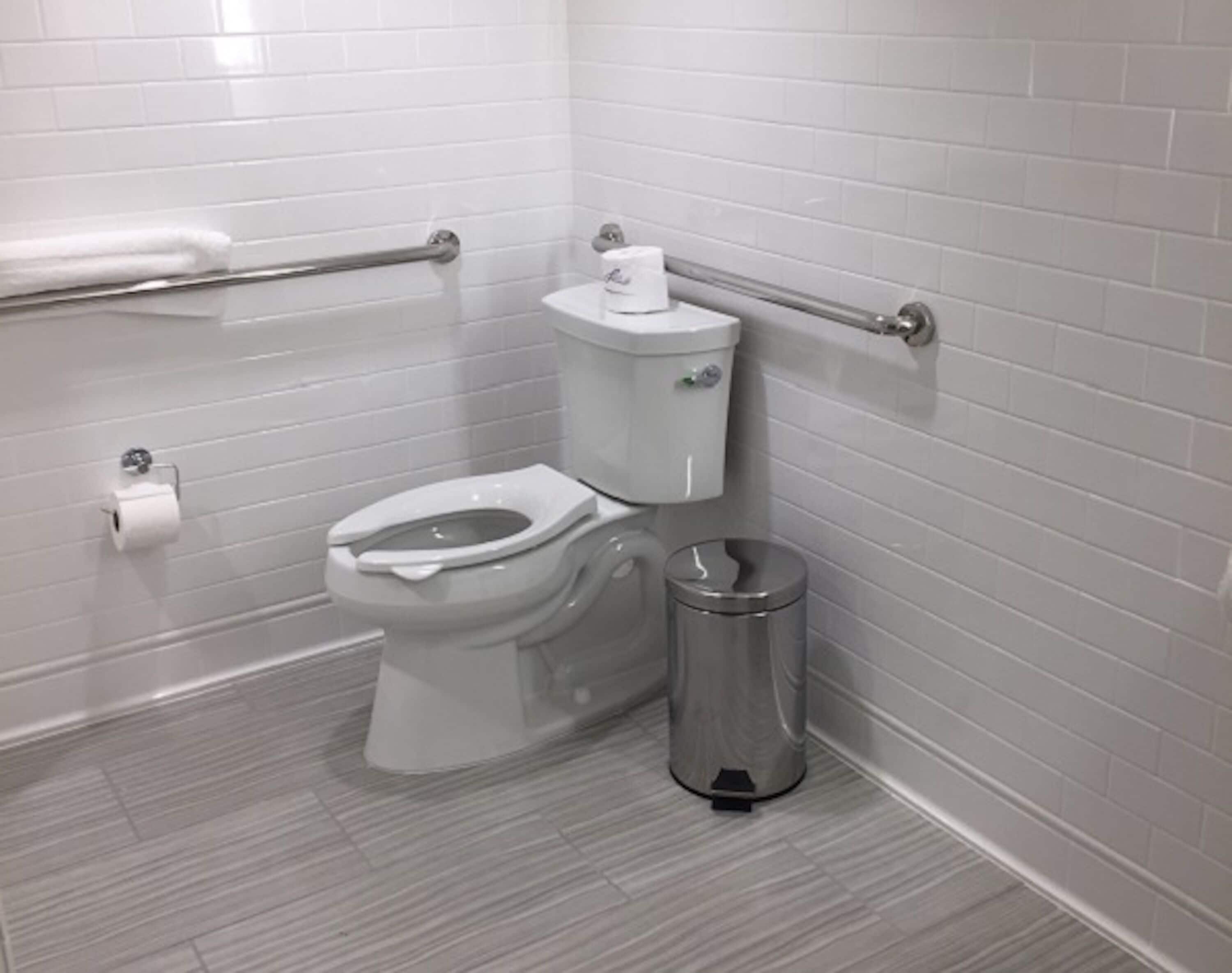 Une salle de bain moderne avec des toilettes blanches, une barre d’appui et une poubelle.
