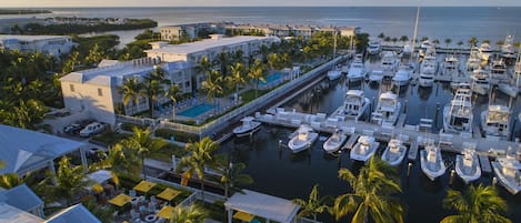 A marina with boats docked, a pool area, and a building with a white facade.