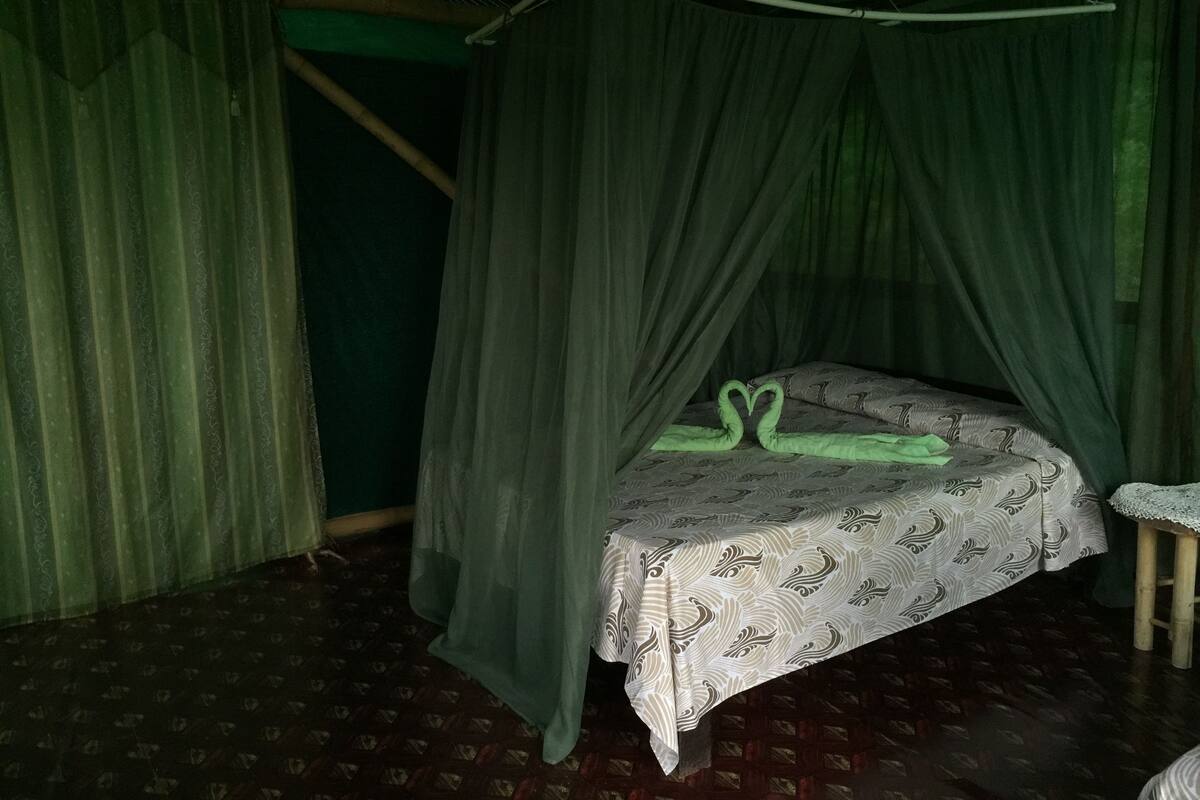 A room with a bed covered by a patterned bedspread, a mosquito net, and a wooden chair.