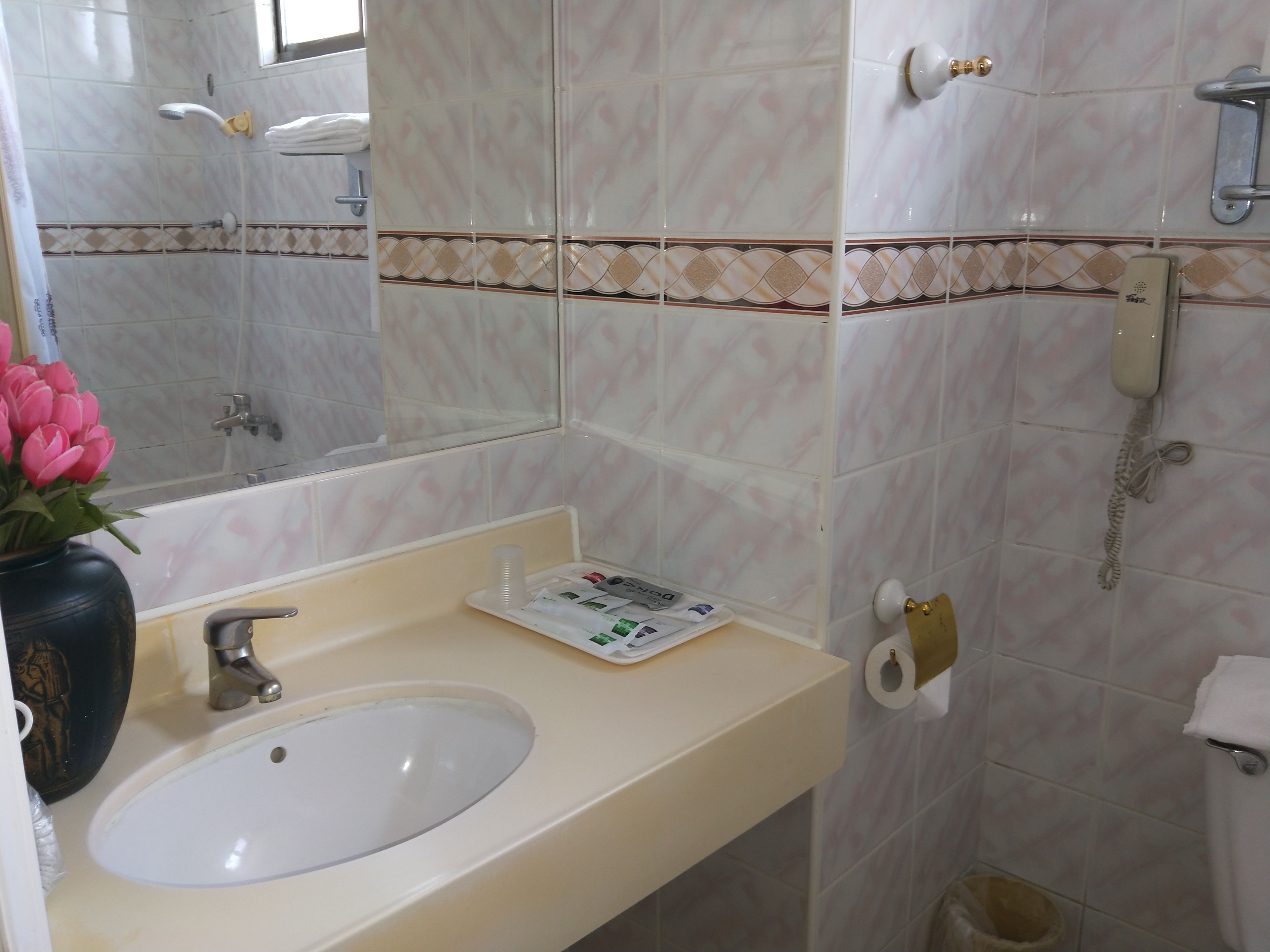 Ein Badezimmer mit Waschbecken, Spiegel, Toilette und Dusche.