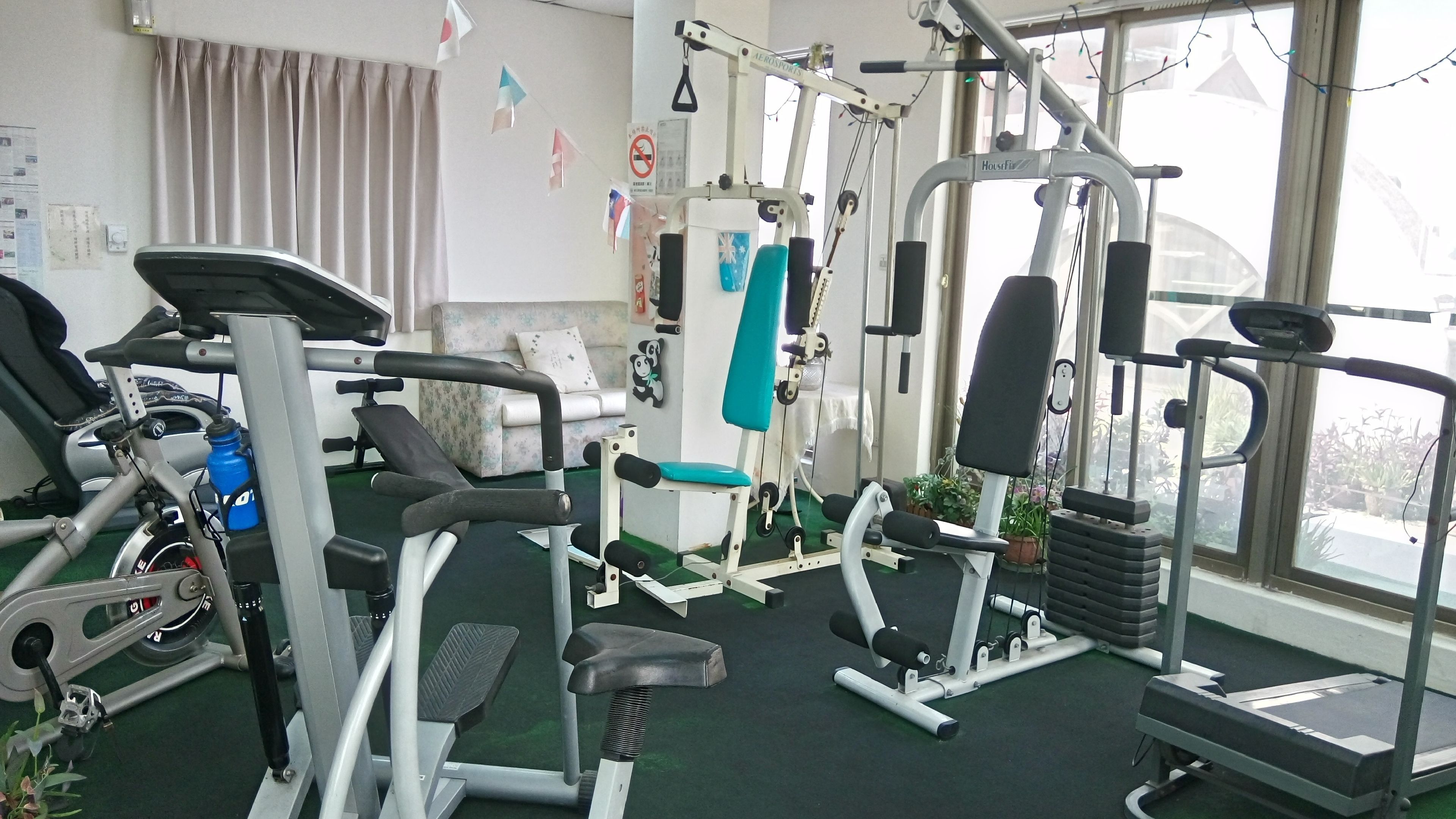 Uma academia com equipamentos de ginástica, esteira e janela com plantas.
