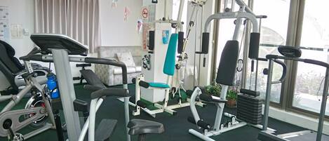 Uma academia com equipamentos de ginástica, esteira e janela com plantas.