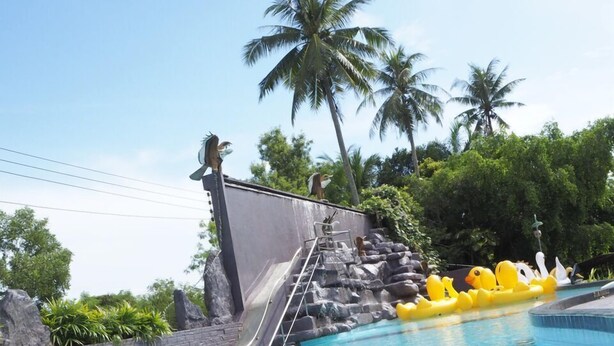Une piscine avec un toboggan, entourée de palmiers et bordée d’un mur de pierres.