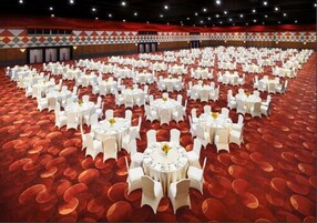 A large banquet hall with round tables and white chairs, carpeted floor, and red drapes.