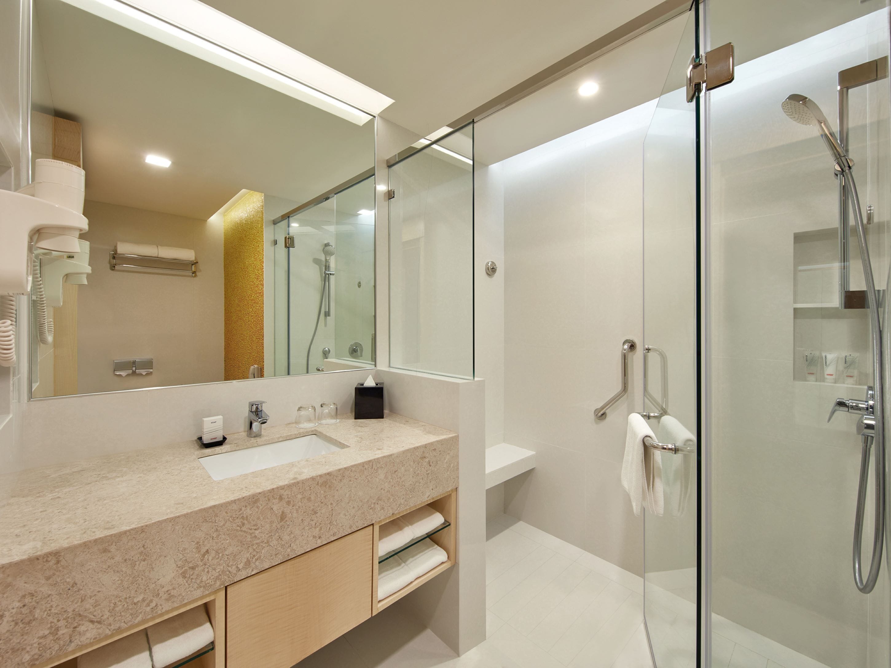 shower, free toiletries, hair dryer, slippers