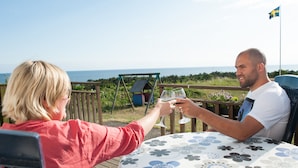 Two people toasting with wine glasses at a table with a floral tablecloth, overlooking a scenic view with a flag in the background. - Löderups Strandbad Hotell & Stugby (Loderup)