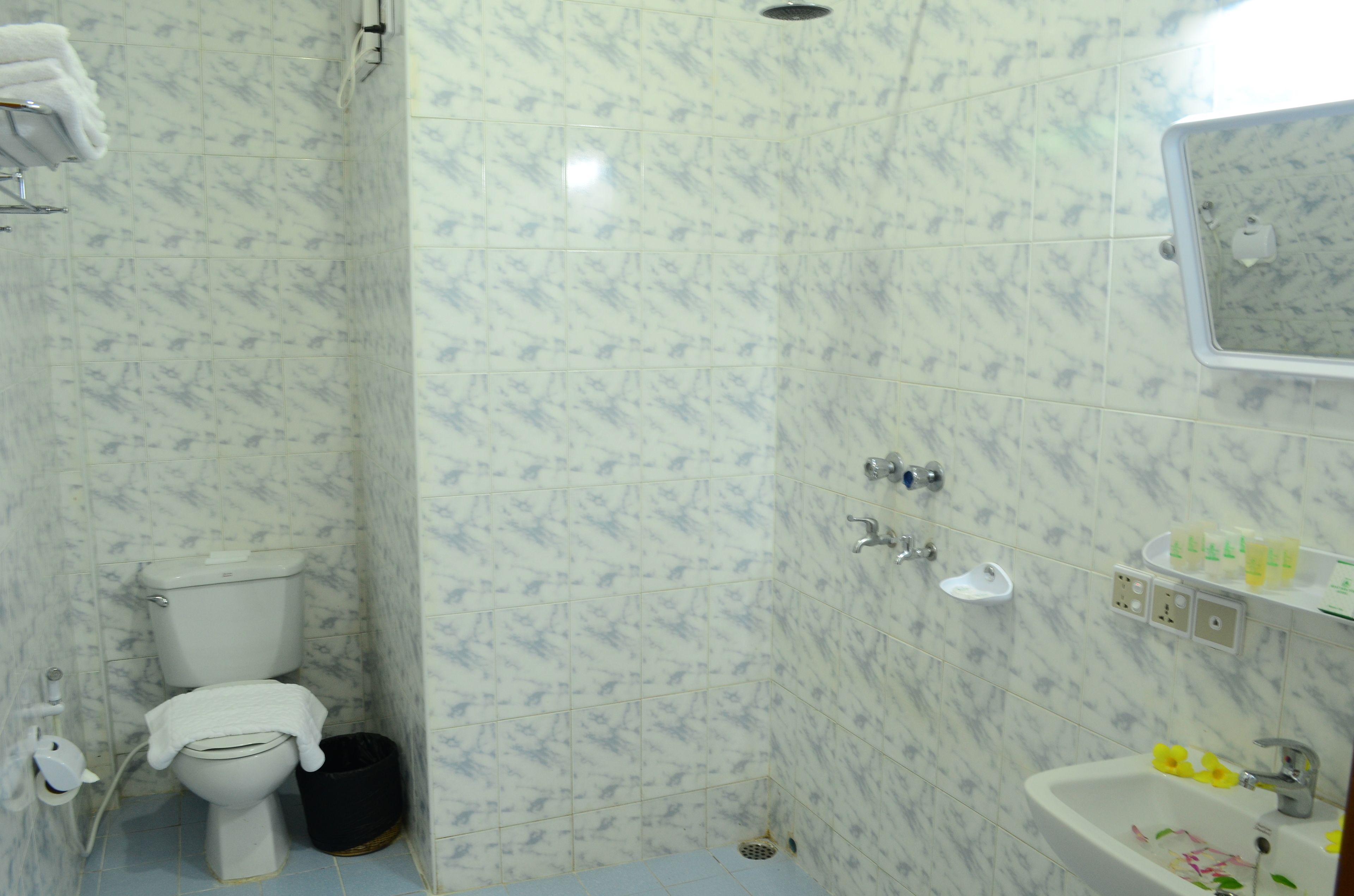 A bathroom with a toilet, sink, and shower area.
