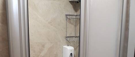 Une cabine de douche avec une porte en verre, des toilettes et un lavabo.