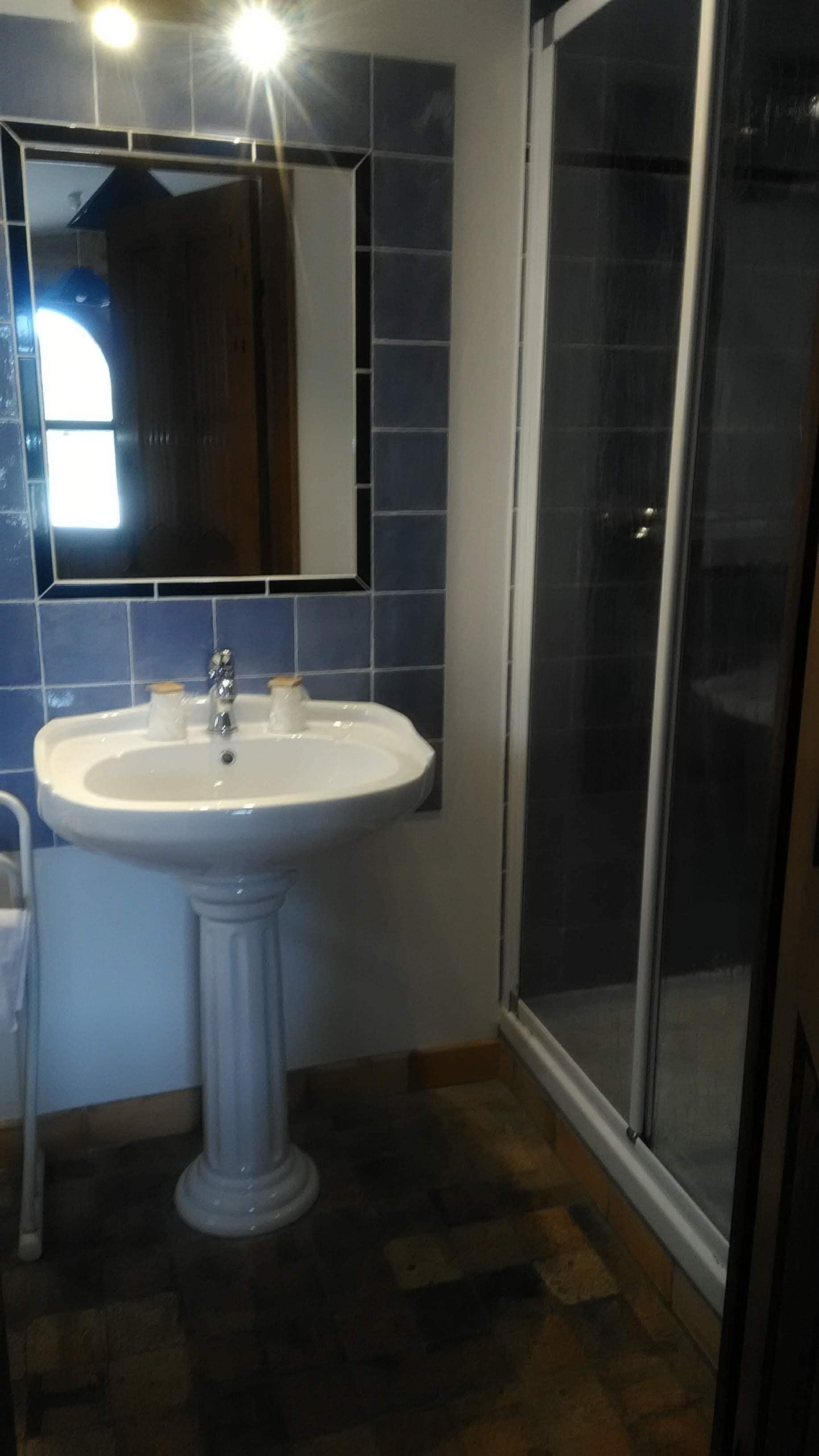 Une salle de bain avec un lavabo blanc, un miroir et un espace douche.