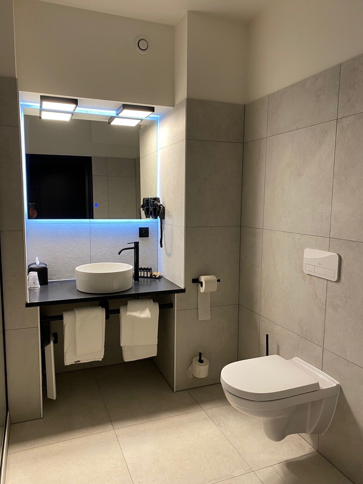 A modern bathroom with a large mirror, a round sink, a toilet, and a towel rack.