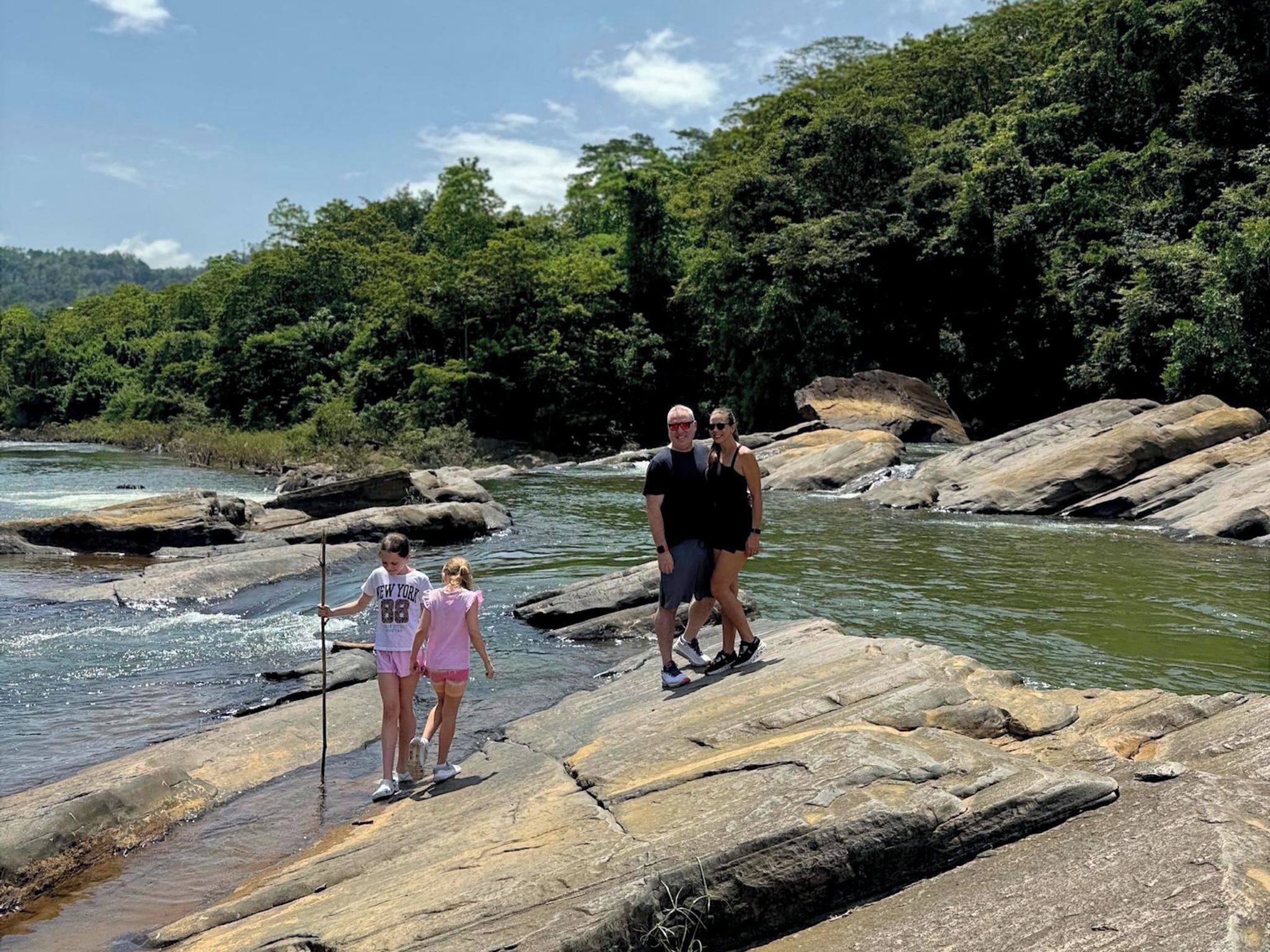 A natural landscape with a river, rocky terrain, and dense greenery.