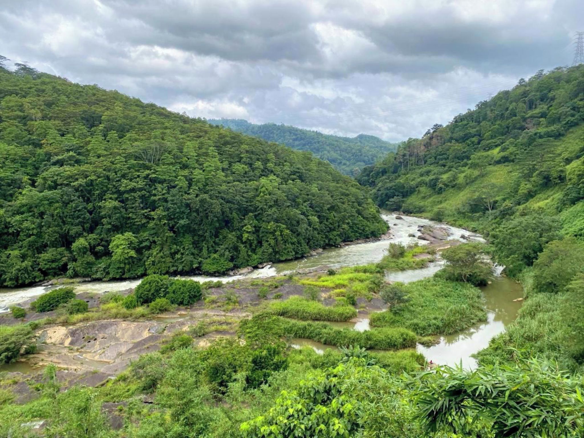 A lush green valley with a river running through it, surrounded by dense forest.