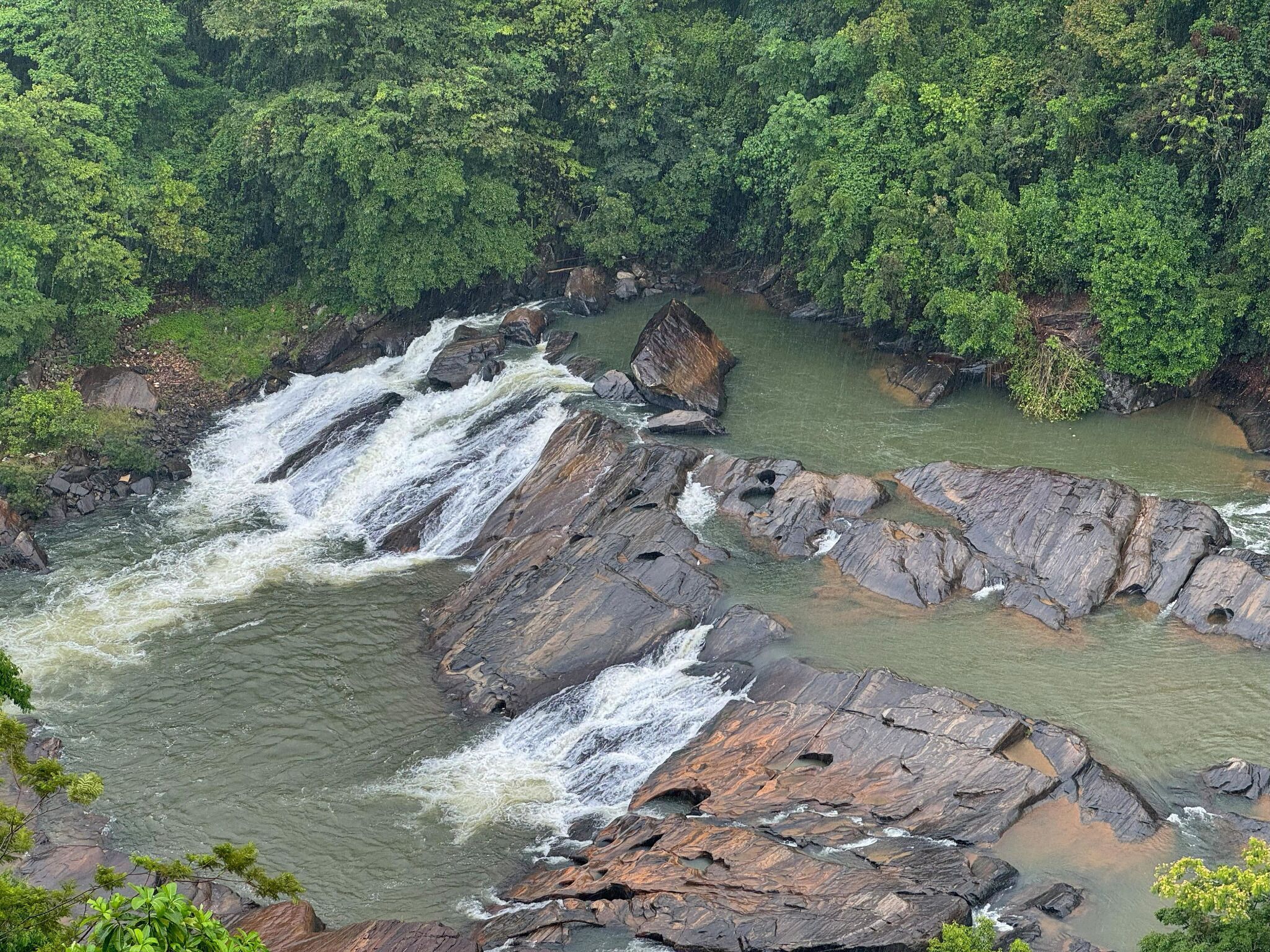 A river flowing through a rocky landscape with dense forest on the banks.