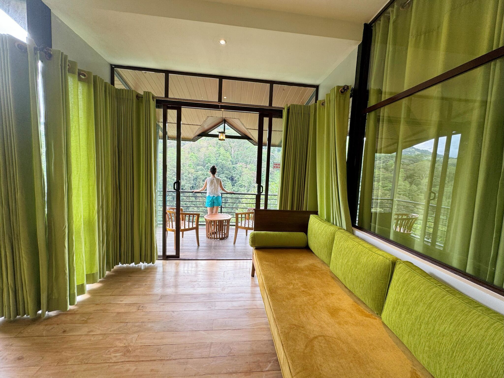 A room with a wooden floor, a green sofa, and a view of a forested area.