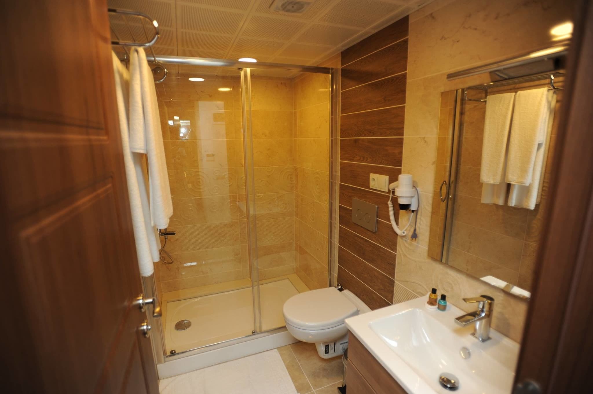 A modern bathroom with a glass shower enclosure, a white toilet, and a sink with a mirror.