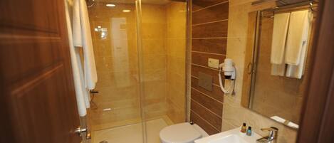 A modern bathroom with a glass shower enclosure, a white toilet, and a sink with a mirror.